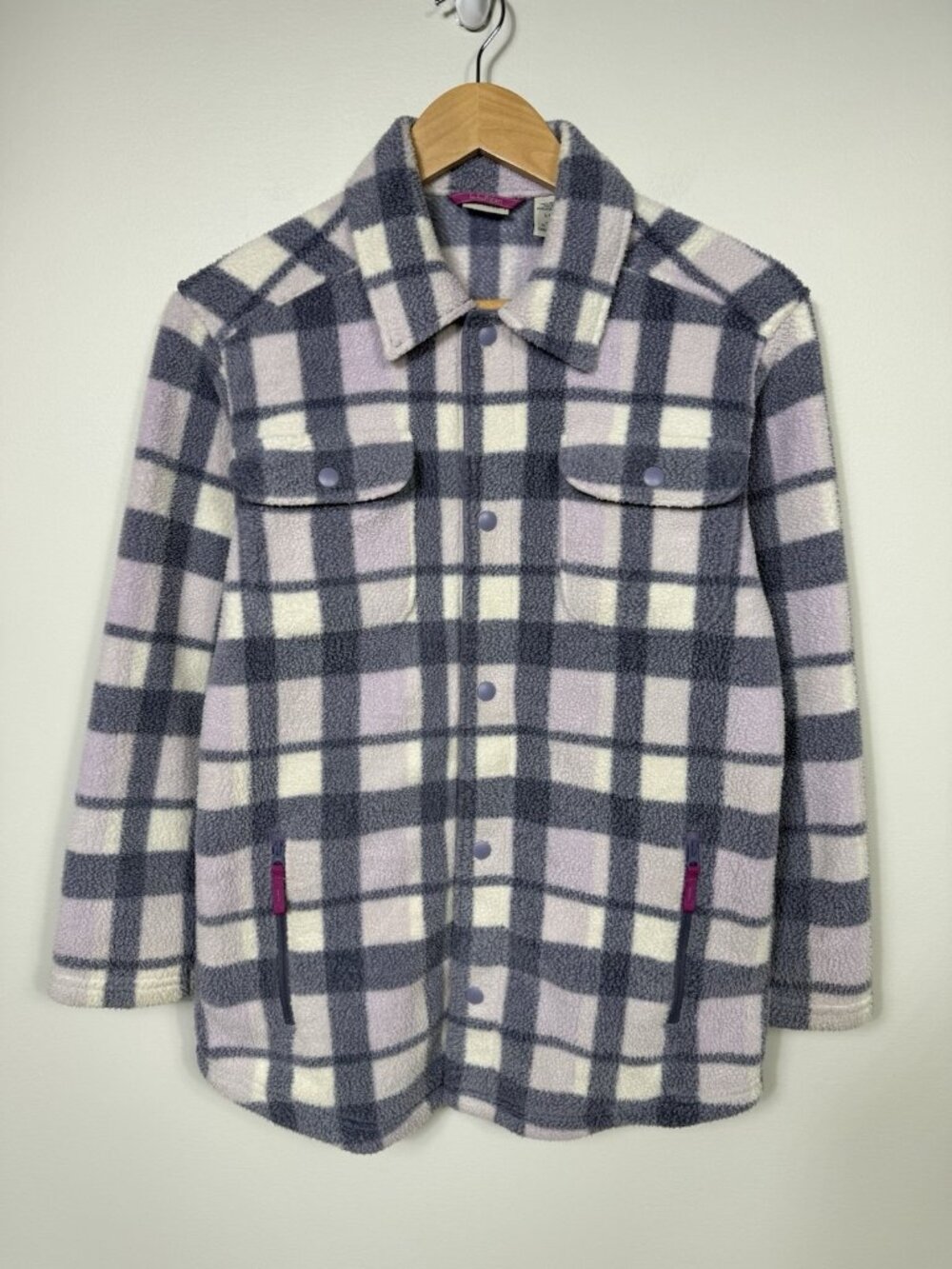 LL Bean Fleece Shirt Jacket Kids Size Large Purple Plaid Shirt Snap Button
